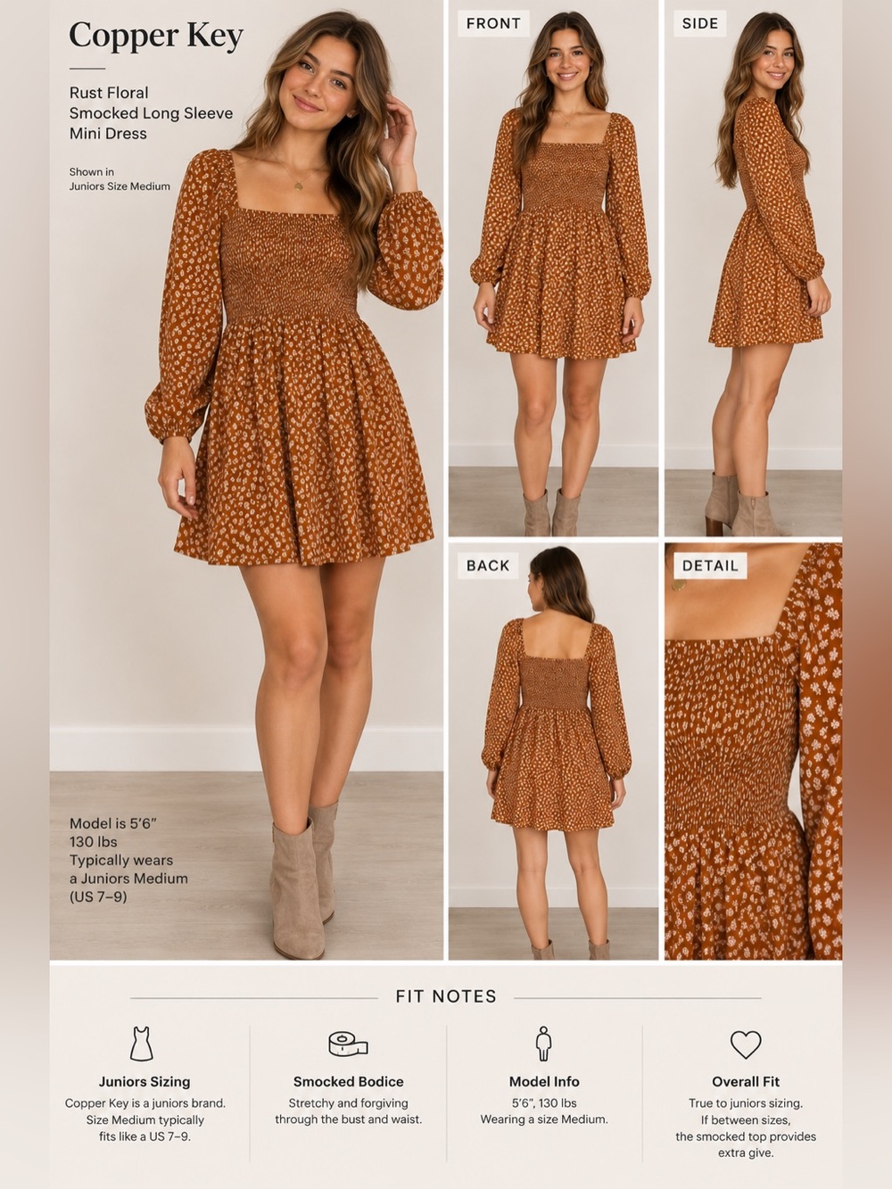 Copper Key Rust Floral Smocked Long Sleeve Mini Dress | Juniors Size Medium Fall